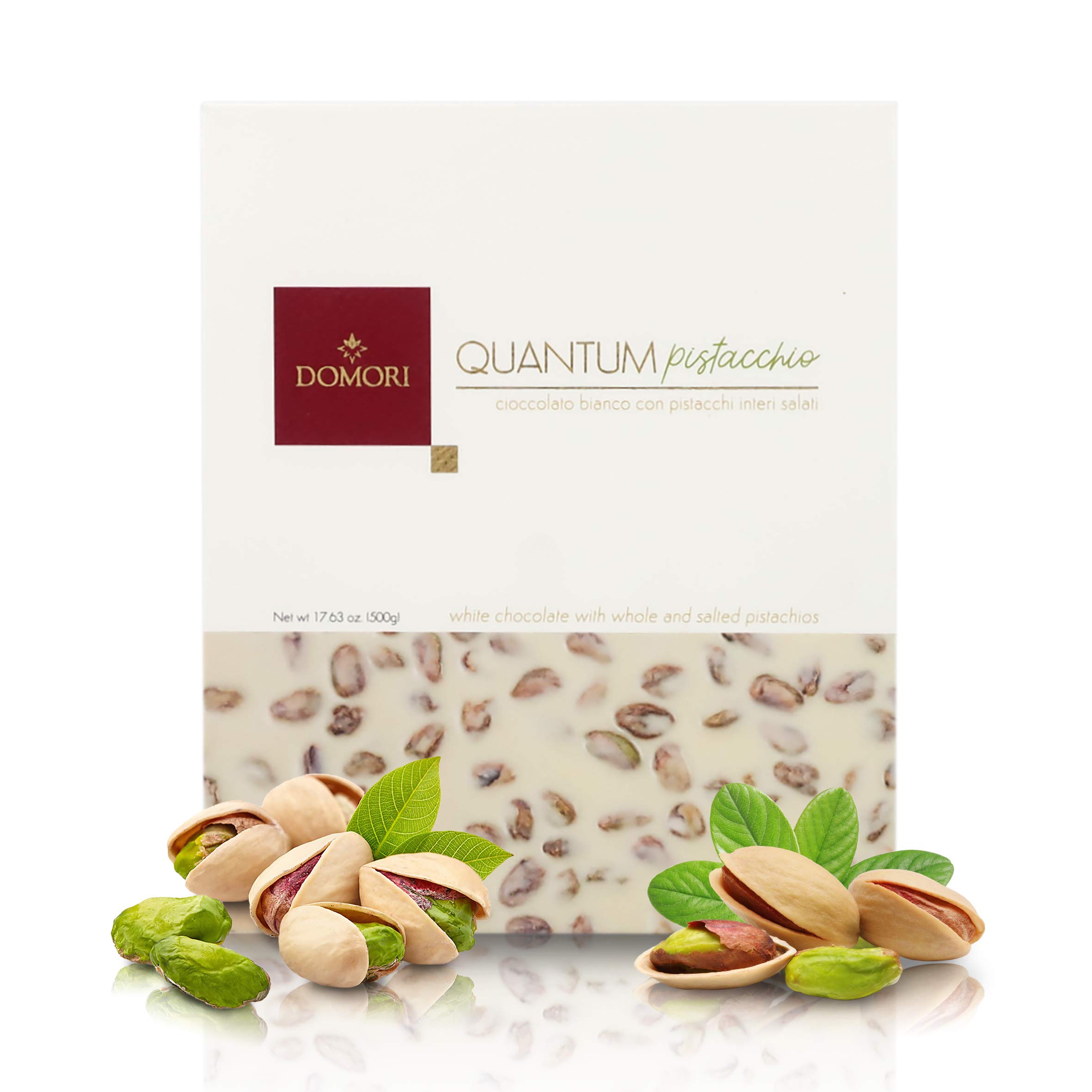 domori-quantum-tavoletta-cioccolato-bianco-e-pistacchi-interi-500g image 1