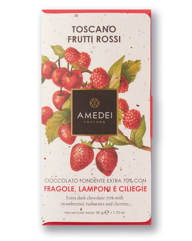 amedei-toscano-frutti-rossi-tavoletta-fondente-70-con-fragole-ciliegie-lamponi image 1