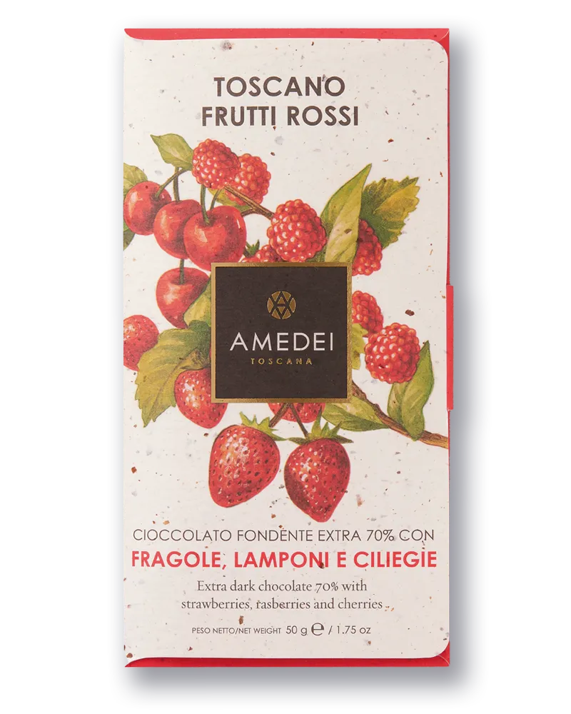 amedei-toscano-frutti-rossi-tavoletta-fondente-70-con-fragole-ciliegie-lamponi image 1