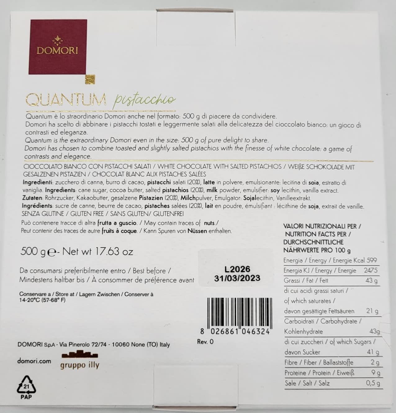 domori-quantum-tavoletta-cioccolato-bianco-con-pistacchi-interi-salati-500-g image 7