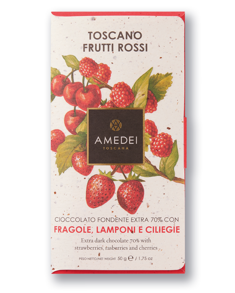 amedei-toscano-frutti-rossi-tavoletta-fondente-70-con-fragole-ciliegie-lamponi image 1