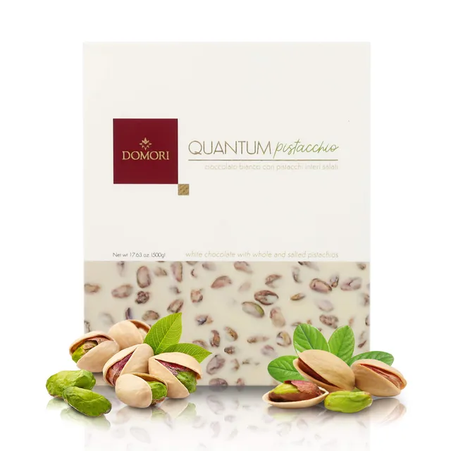 domori-quantum-tavoletta-cioccolato-bianco-e-pistacchi-interi-500g image 1