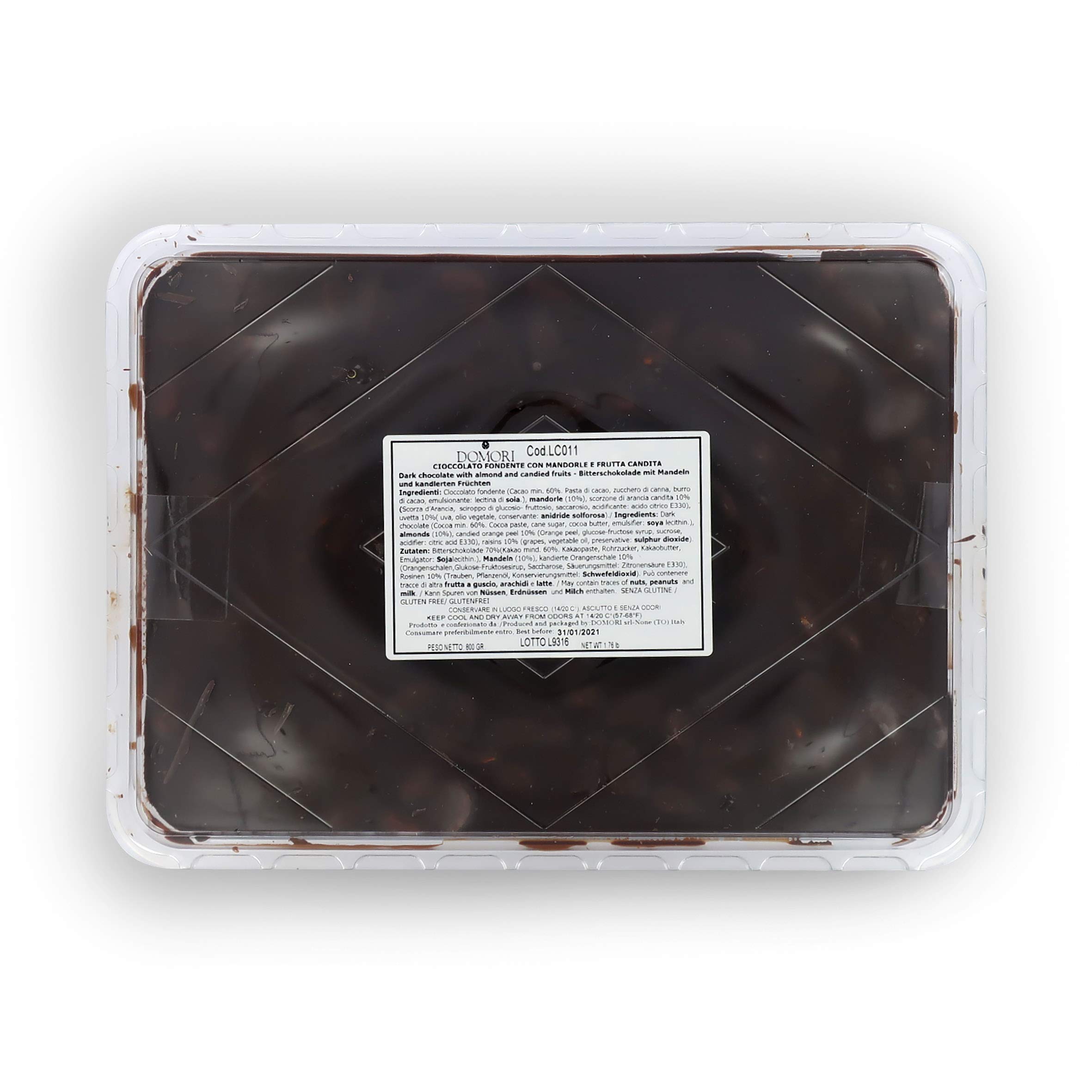 domori-foglio-cioccolato-fondente-con-mandorle-e-arancia-candita-800g-formato-gr image 1